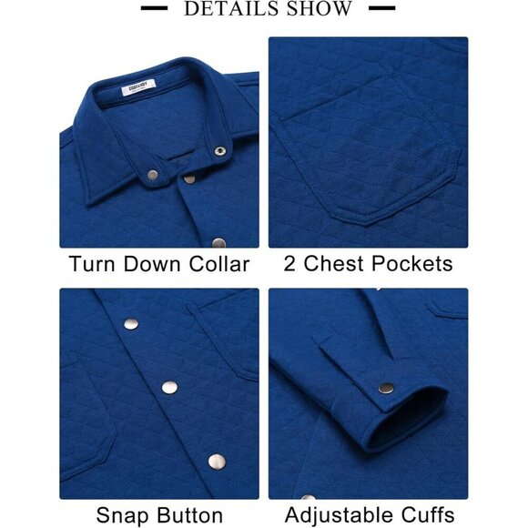Mens Shacket Long Sleeve Shirt Jacket with Pockets Dark Blue Quilted Overshirt - Picture 5 of 5